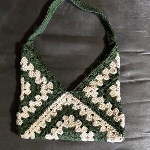 Handcrafted Green and Cream Crochet Bag
